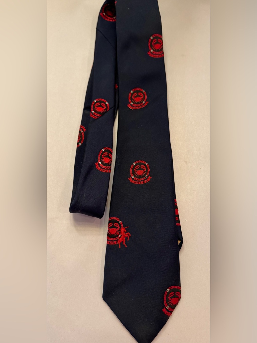1960s Bronzini Cain Sloan Co Navy Silk Tie Embroidered Cancer Crab Zodiac Signs